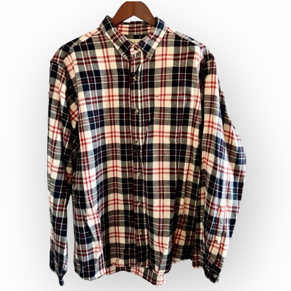 Hobbs Creek Men’s Large Plaid Flannel Button Down Shirt Navy Red Cream Cabincore